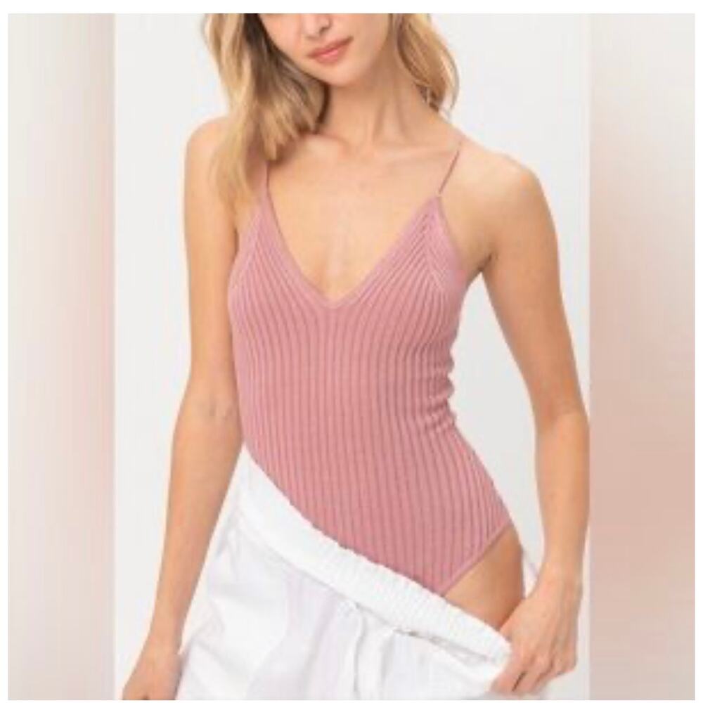 love tree Dusty Rose Ribbed Knit Bodysuit V-Neck Criss Cross Tie Back Sleeveless